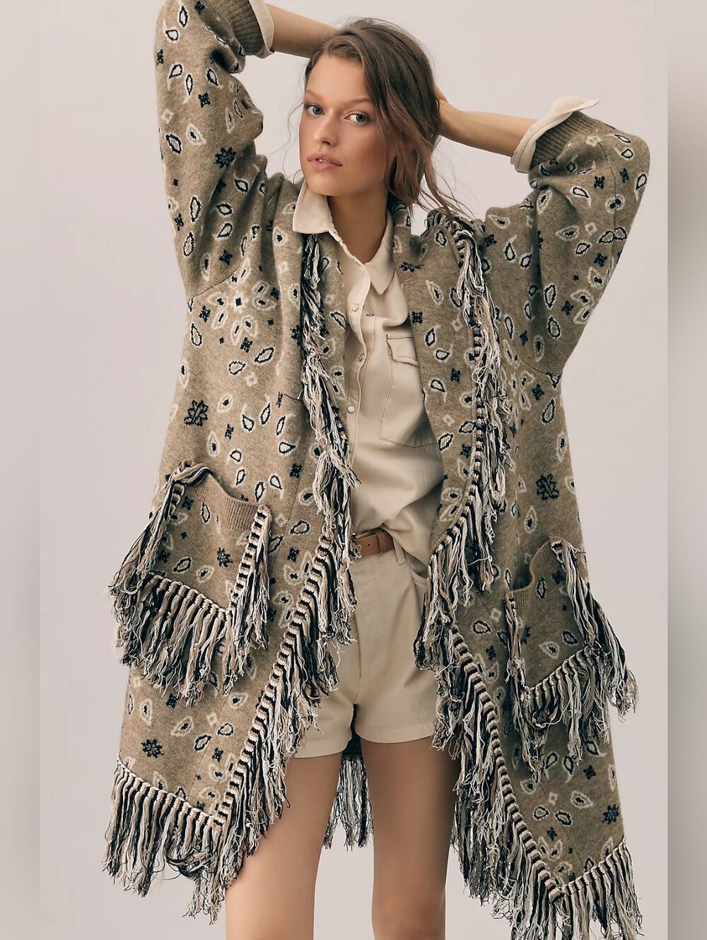 Anthropologie Bandana Fringed Duster Sweater - Picture 4 of 10